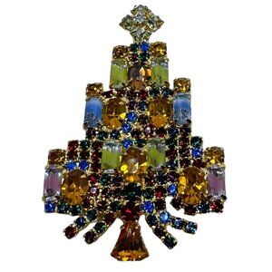 Dominique Signed Vintage Christmas Tree Brooch Pin Candle Design Holiday Jewelry